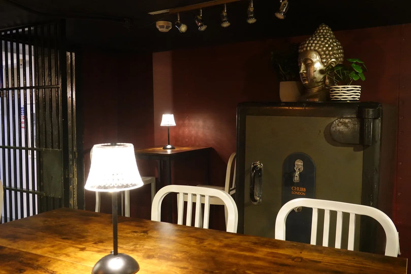 Blended cosy cafe interior with vintage decor and warm lighting